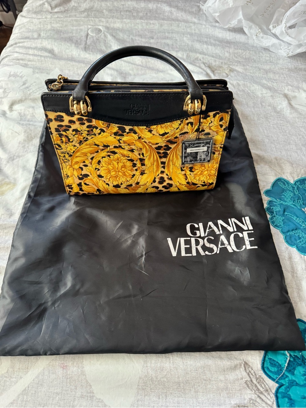 Versace Yellow Baroque & Leopard Print Satchel with Black Handle - Picture 5 of 13